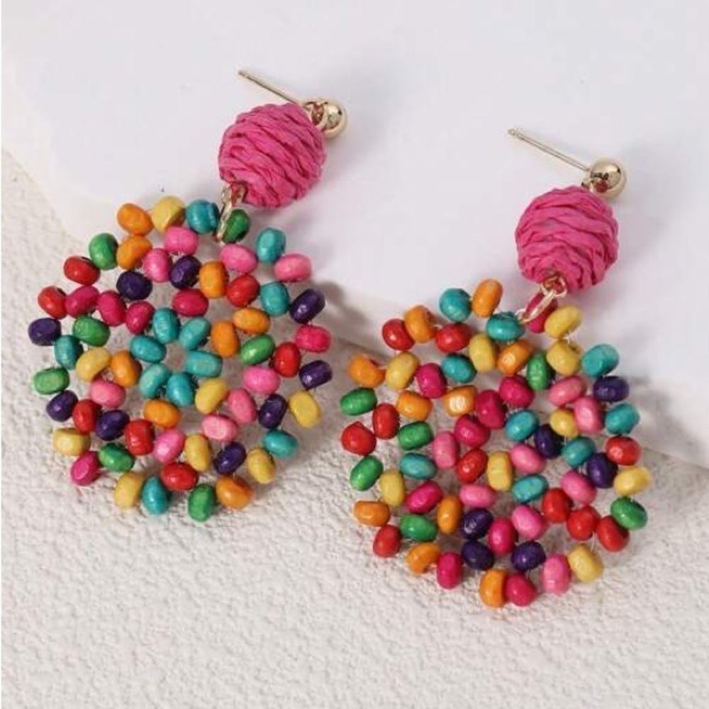 Boho Barbiecore Wooden Color Block Round Drop Bead Earrings ER10